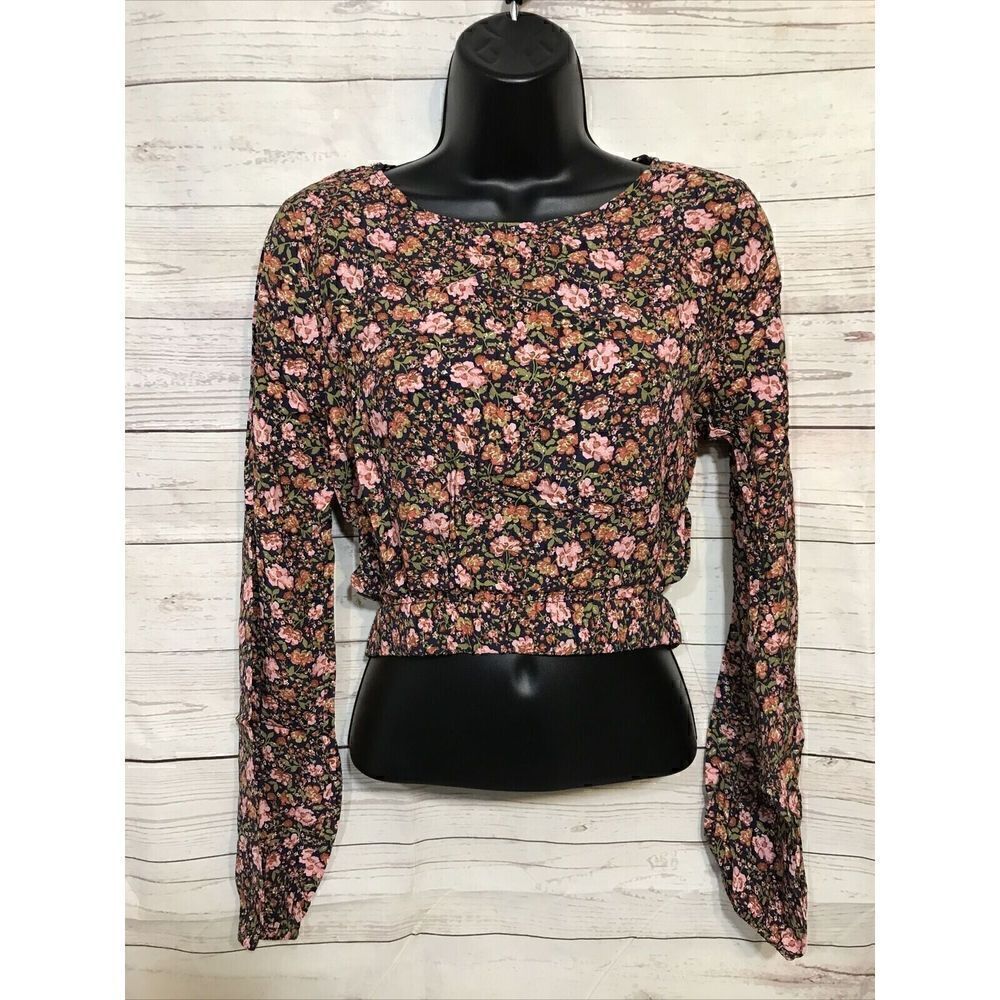 ELODIE Navy w/ Pink Floral Open Back Blouse-Size LARGE